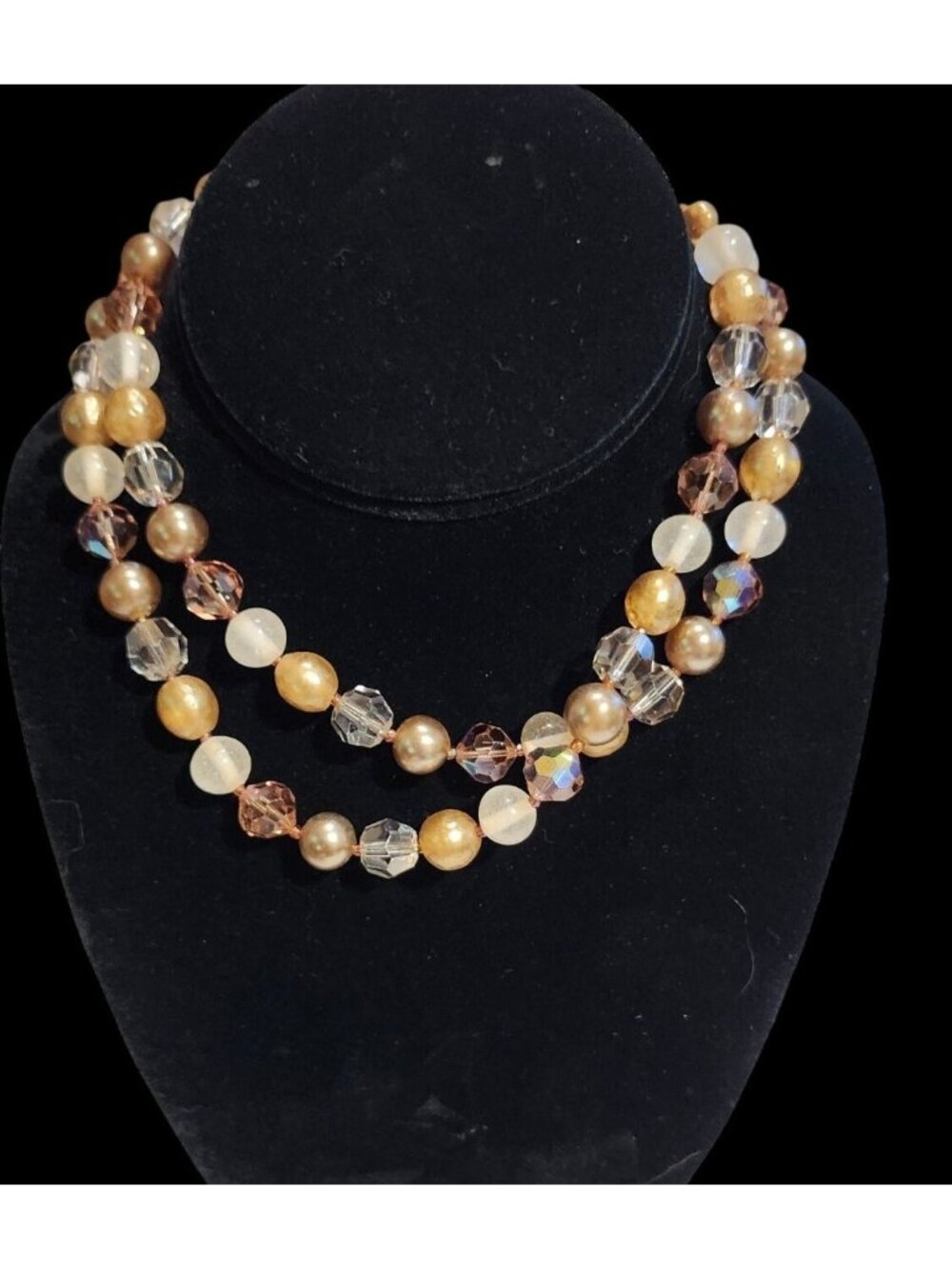 Double Strand Vintage Glass & Acrylic Beaded Necklace Gold/Bronze Tones Elegant